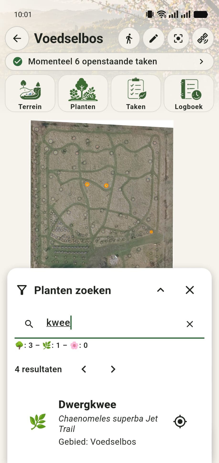 GreenPlot canvas waarop zoekresultaten als oranje planten op de kaart worden getoond