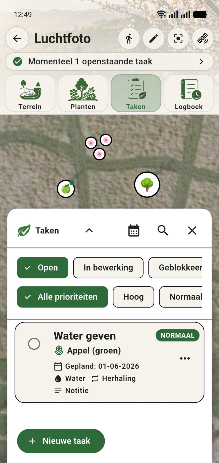 GreenPlot canvas met een taak in het takenmenu en een groen bolletje bij de gekoppelde appelboom
