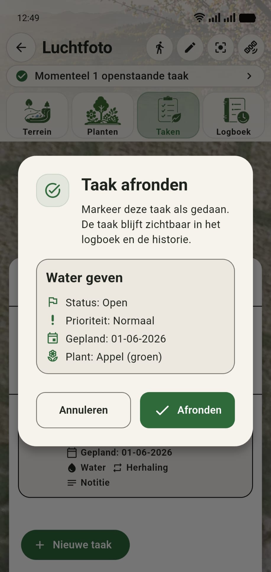 GreenPlot taak afronden menu met bevestiging en samenvatting van de taak