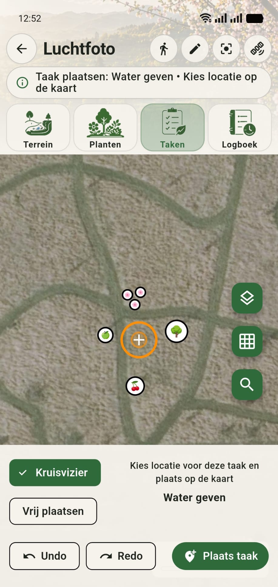 GreenPlot canvas met kruisvizier om de locatie voor de taak Water geven op de kaart te kiezen