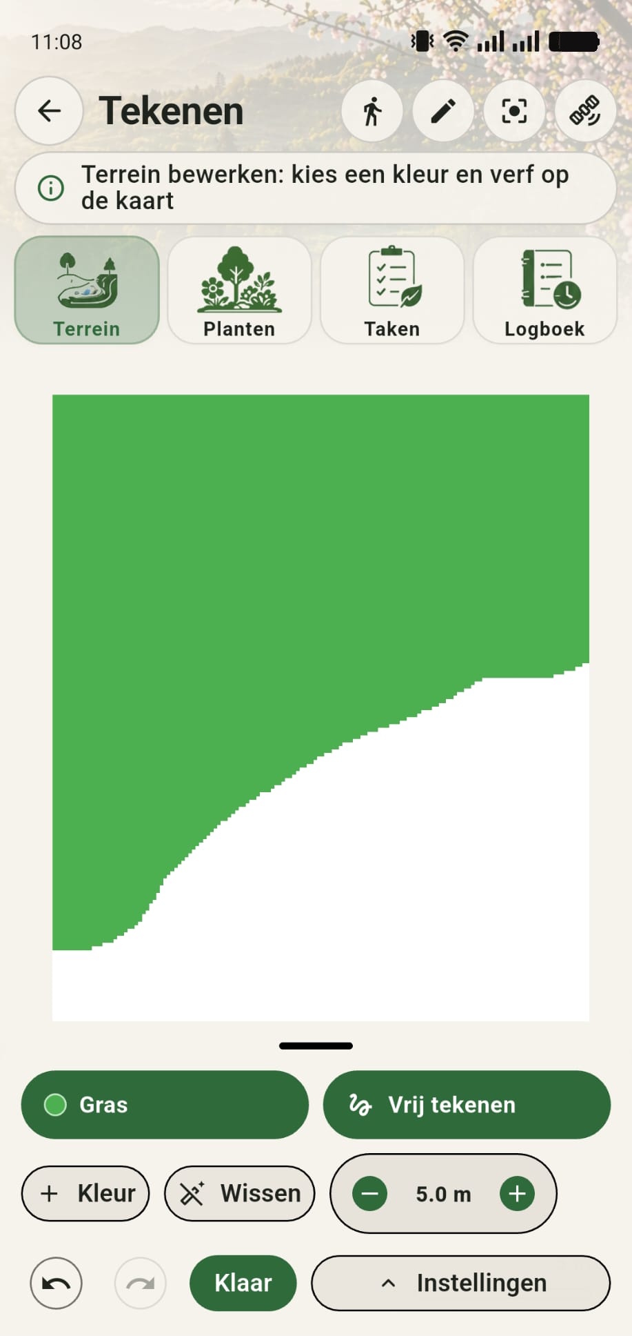 GreenPlot canvas waarop een deel met gras is ingetekend met vrij tekenen
