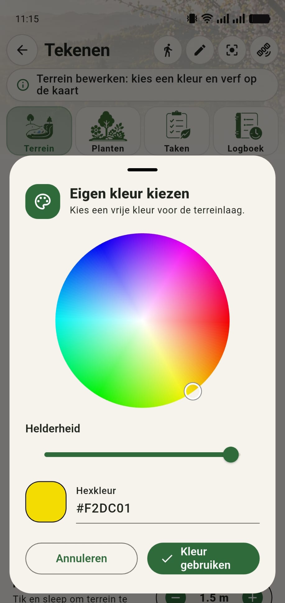 GreenPlot scherm voor eigen kleur kiezen met kleurencirkel en knop Kleur gebruiken