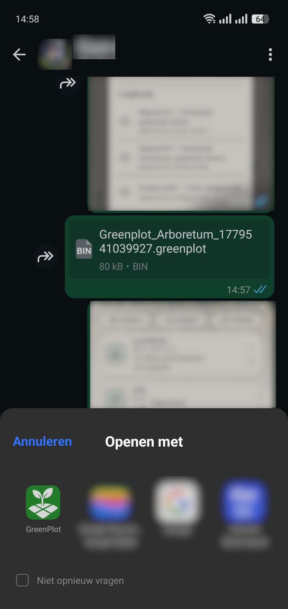 WhatsApp-chat waarin een GreenPlot exportbestand is gedeeld