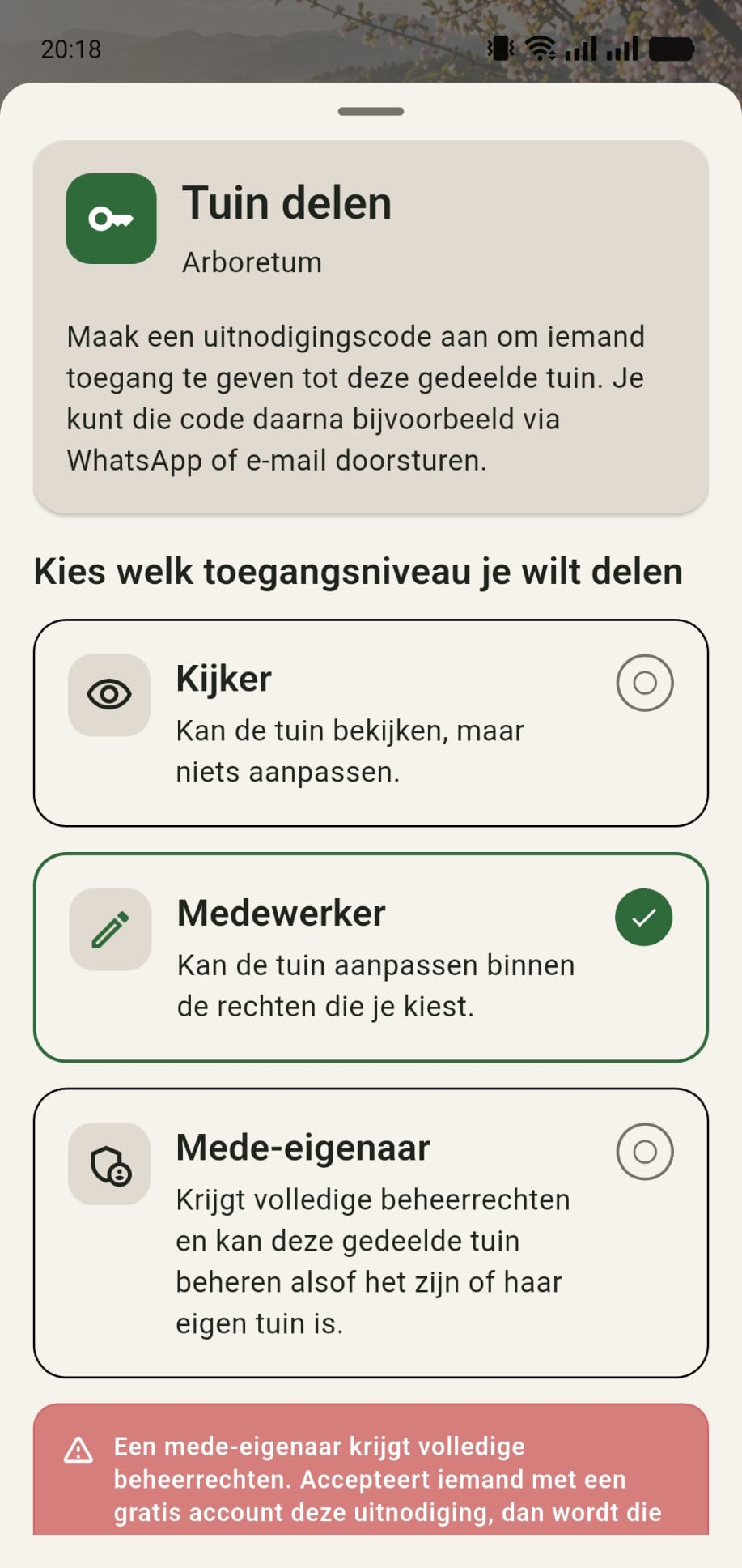 Rechtenkeuze voor een uitnodiging met medewerker als gekozen rol